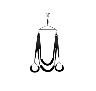 Black 360 degree ceiling sex swing with adjustable straps stirrups and swivel hook.