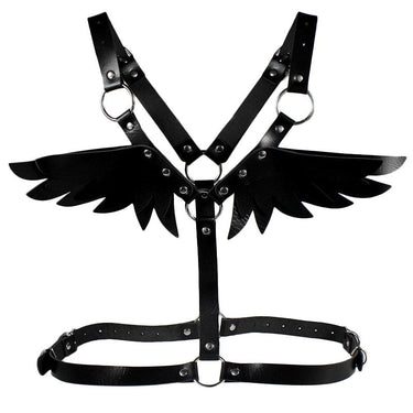 Black faux leather angel wing body harness with silver O-rings and adjustable straps flat lay.
