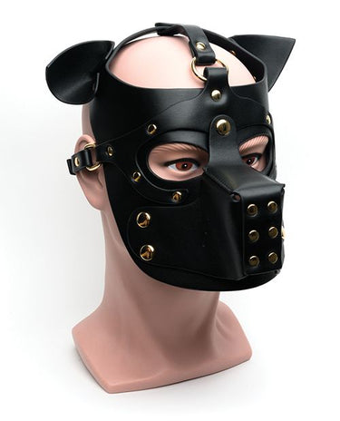 Black leather bondage puppy hood mask with goggle cutouts and muzzle front view on mannequin.