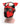 Black and red leather bondage puppy hood mask with muzzle front view on mannequin.
