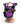 Purple and black leather bondage puppy hood mask with muzzle front view on mannequin.
