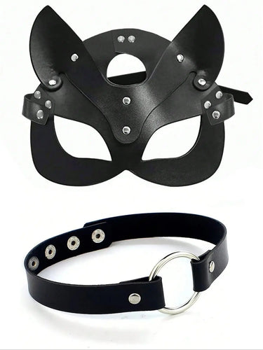 Black faux leather cat mask with silver studs and matching O-ring collar set