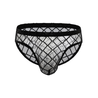 Black mesh fishnet men's briefs front view on white background.