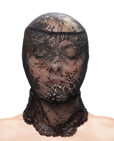 Black floral lace full-head hood with scalloped neckline, worn on model against white background.