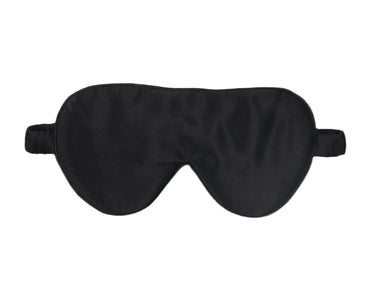 Oversized black silk sleep eye mask front view on white background.