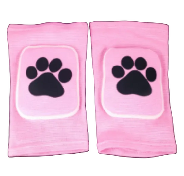 Pink padded knee pads with white paw print design pair front view on black background