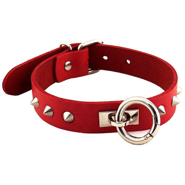 Red Studded O-Ring Leather Collar — Pet Play Gear