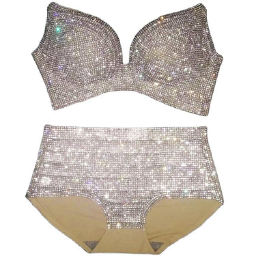 Dazzling Shimmer Crystal Bikini & High-Waist Dance Performance Costume Set