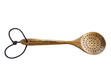 Engraved Wooden Spanking Strainer Spoon with Leather Wrist Strap — Impact Play