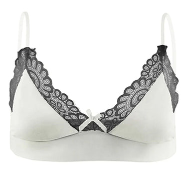 White satin sissy bra with scalloped black lace trim flat lay front view.