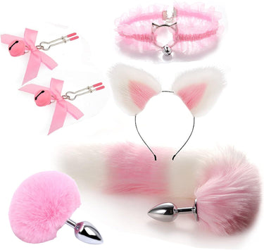Pink and white fox tail plug kit with cat ear headband fluffy collar and nipple clamps flat lay.