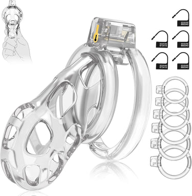 Transparent soft TPE chastity cage with multiple sizing rings and lock, shown on white background.