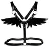 Black faux leather angel wing body harness with silver O-rings and adjustable straps flat lay.