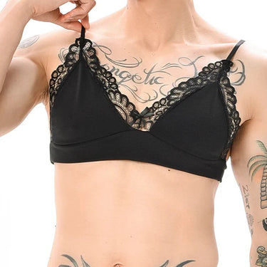 Black satin sissy bra with scalloped lace trim and adjustable spaghetti straps side view on model.