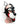 Black and white leather bondage playful puppy hood mask with open mouth front view on mannequin.