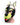 Black and neon yellow leather puppy hood mask with open mouth and standing ears front view on mannequin.