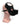 Black leather bondage puppy hood mask with chin strap side profile on mannequin.