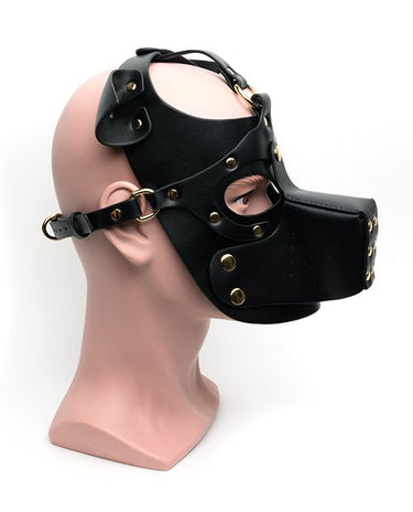 Black leather bondage puppy hood mask with chin strap side profile on mannequin.