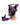 Purple and black leather bondage puppy hood mask with ears and removable muzzle on mannequin head.