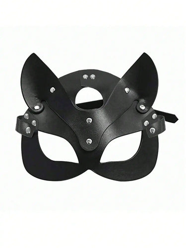 Black faux leather cat mask with pointed ears and silver stud accents on white background