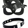 Black faux leather cat mask with silver studs and matching O-ring collar set
