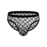 Black mesh fishnet men's briefs front view on white background.