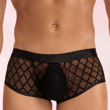 Black mesh fishnet men's briefs front view on male model.