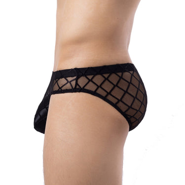 Black mesh fishnet men's briefs side view on male model.