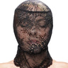 Black floral lace full-head hood with scalloped neckline, worn on model against white background.
