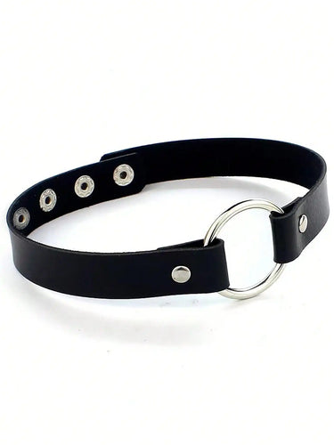 Black faux leather O-ring choker collar with silver eyelet studs detail shot