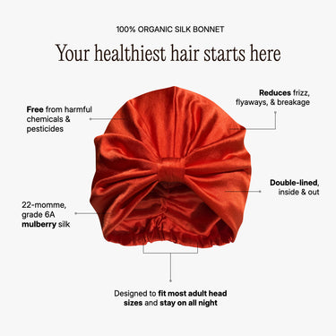 Organic silk hair bonnet sizing and hair care infographic guide.