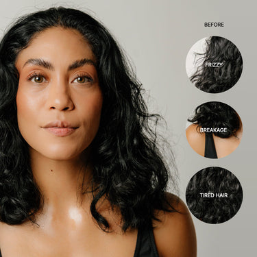 Before image showing model with hair before use. 