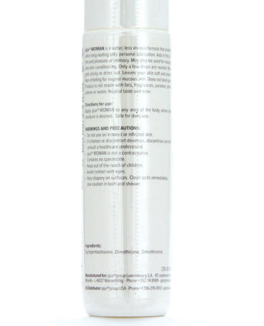 Pjur Woman silicone personal lubricant 100ml bottle back label detail view.