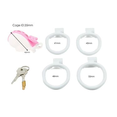 Pink bow chastity cage shown with included accessories: keys, lock, and multiple sizing rings on white background.