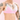 Pink satin sissy bra with scalloped white lace trim and adjustable spaghetti straps on model.