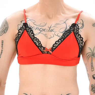 Red satin sissy bra with scalloped black lace trim and adjustable spaghetti straps on model.