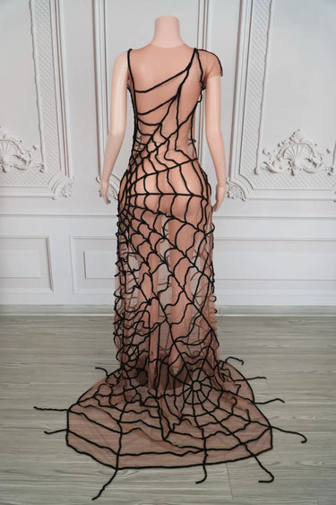 Dramatic Spider Web Crystal Mesh Floor-Length Sheath Dress Stage Costume