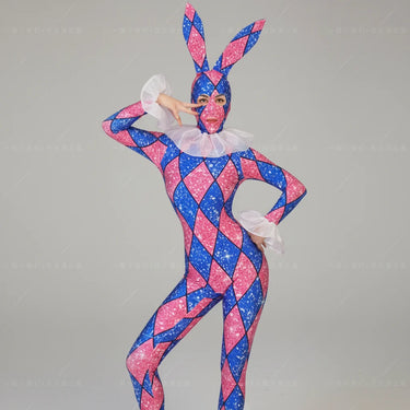 Futuristic Geometric Rhinestone Bunny Bodysuit – Luxury Showgirl Stage Costume & Exotic Festival Leotard with Statement Collar