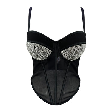 Rhinestone Mesh Denim Bustier Corset Crop Top Push-Up Party Bralette