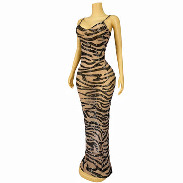 Leopard Print Sparkly Rhinestone Mesh Evening Gown Red Carpet Stage Dress