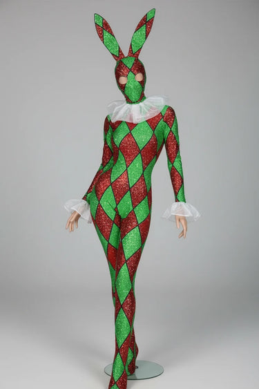 Futuristic Geometric Rhinestone Bunny Bodysuit – Luxury Showgirl Stage Costume & Exotic Festival Leotard with Statement Collar