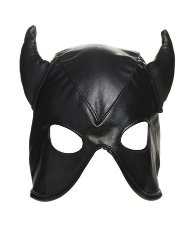 Black faux leather bat cat hood mask front view with dual pointed horns and open eye cutout