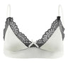 White satin sissy bra with scalloped black lace trim flat lay front view.