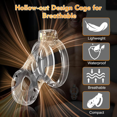 Hollow-cut design transparent chastity cage showing breathable construction with warm-tone lighting.