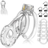 Transparent soft TPE chastity cage with multiple sizing rings and lock, shown on white background.