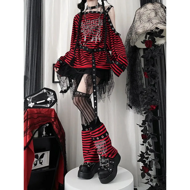 Striped Gothic Punk Top & Leg Warmers – Harajuku Y2K Grunge