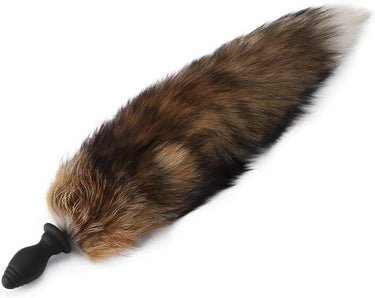 Side profile of brown fox tail butt plug showing full tail length.